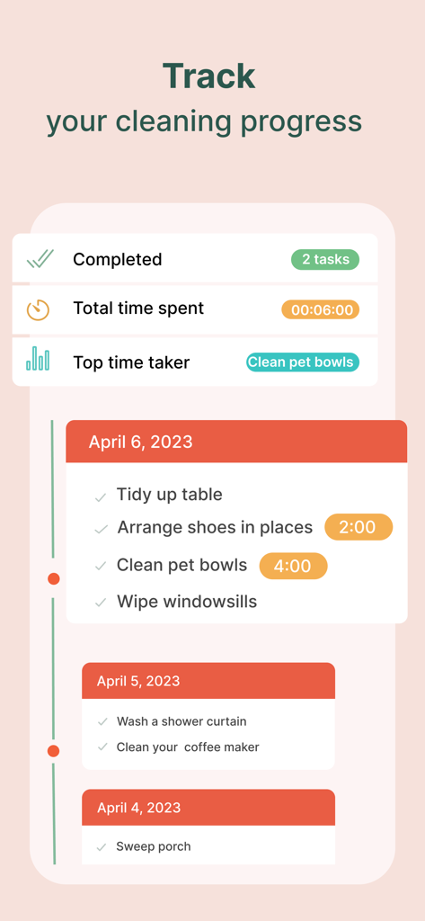 Tidy: House Cleaning Schedule - Tidy app screenshot showing daily cleaning task history and time spent tracking