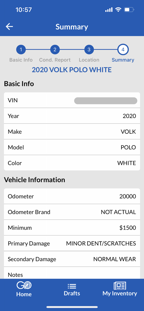 A summary screen in the Copart GO app displaying details for a 2020 Volkswagen Polo vehicle listing including mileage and damage report