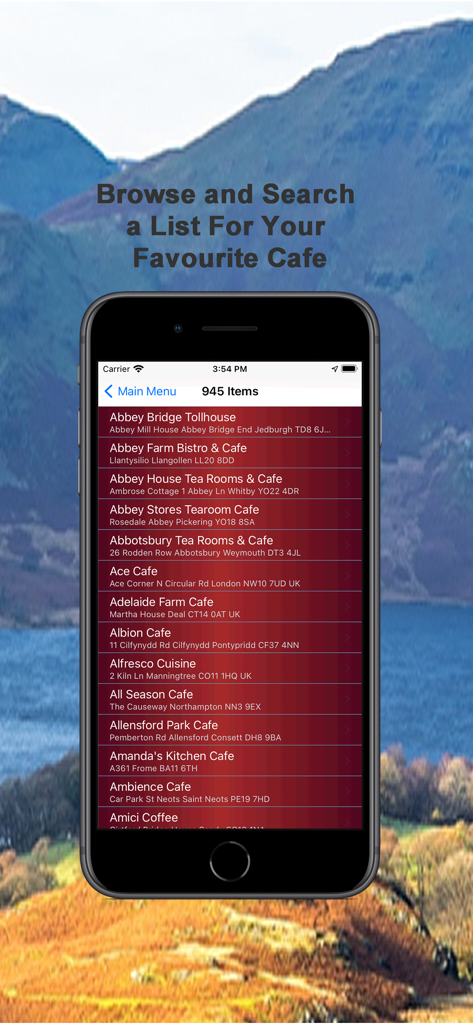 U.K. Biker Cafes - A mobile app screen displaying a searchable list of biker friendly cafes and pubs across the UK