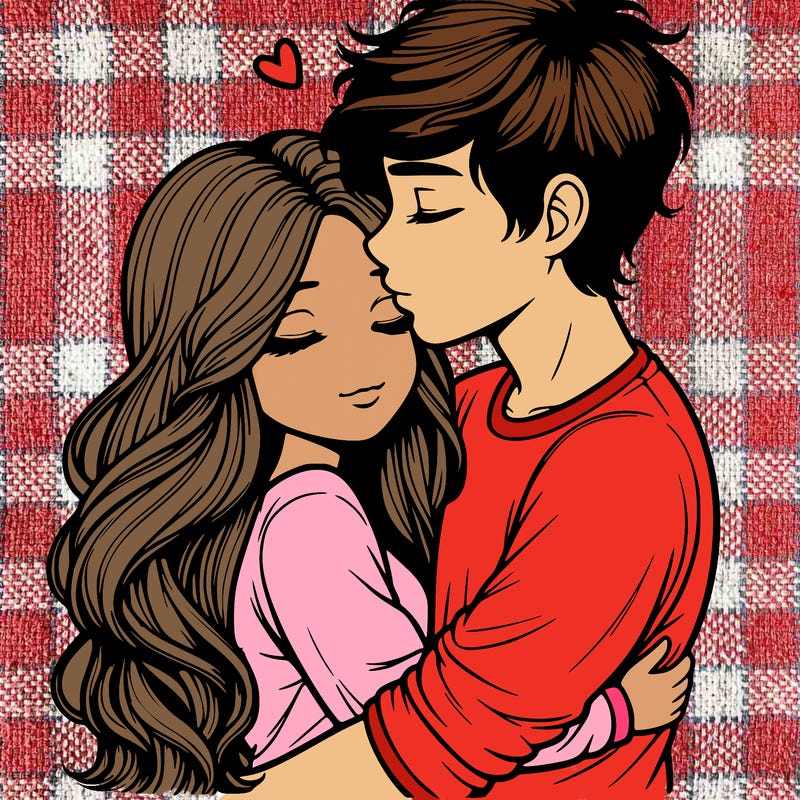 a realistic couple boy and girl hugging and kissing