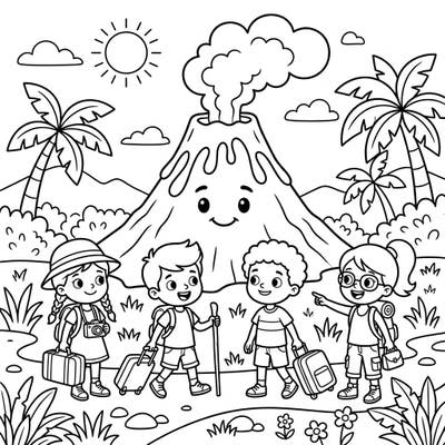 Join a group of happy kids on an exciting vacation to a friendly volcano! This coloring page is perfect for young adventurers eager to bring a vibrant eruption of colors to their travel scene.