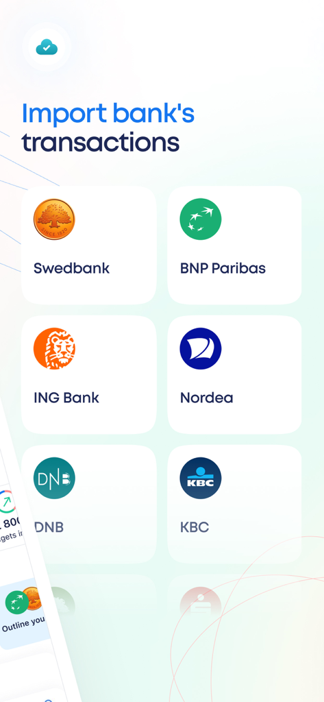 CoinKeeper 3 - money manager - CoinKeeper 3のアプリ画面。Swedbank、BNP Paribas、ING Bank、Nordea、DNB、KBCから銀行取引をインポートするオプションが表示されています。