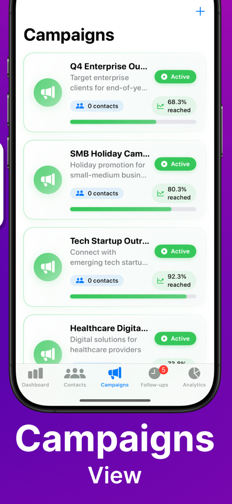 Connect Pro CaIler - Connect Pro Caller app screen displaying a list of active marketing campaigns with progress tracking and reach statistics
