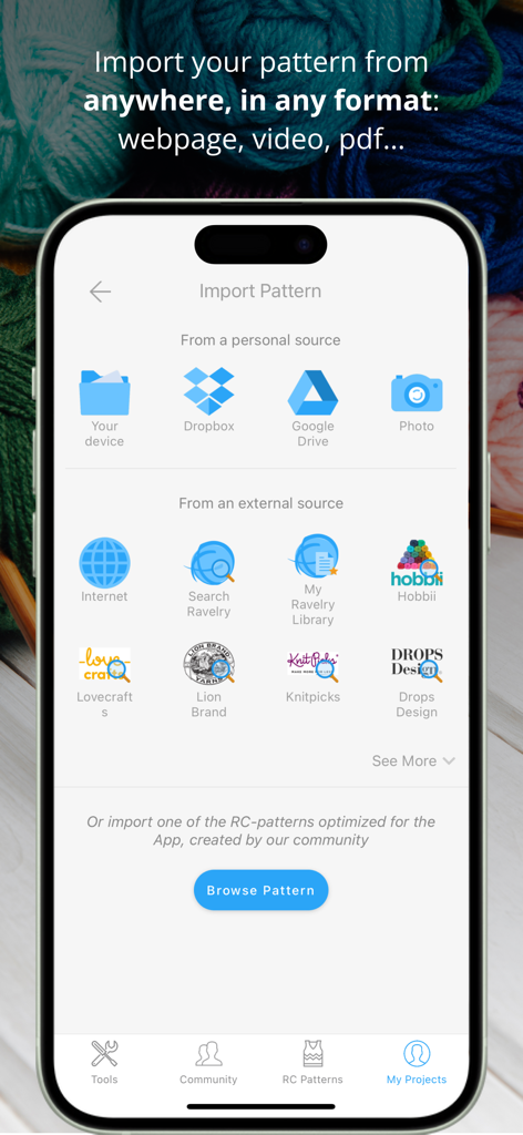 Interface mostrando fontes de importação de padrões de tricô e crochê, incluindo Ravelry, Dropbox e Google Drive