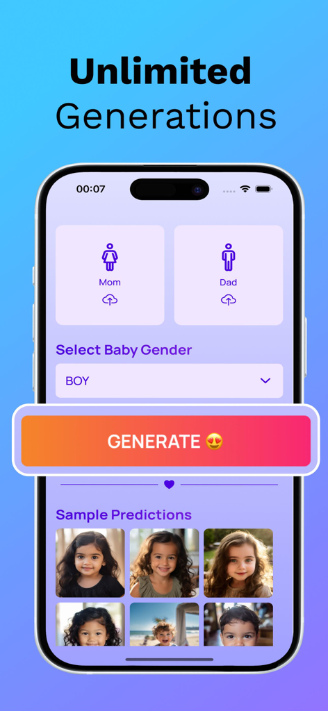 Interfaz de la aplicación Baby Generator que muestra opciones de carga de fotos para los padres y predicciones de futuros bebés de ejemplo.