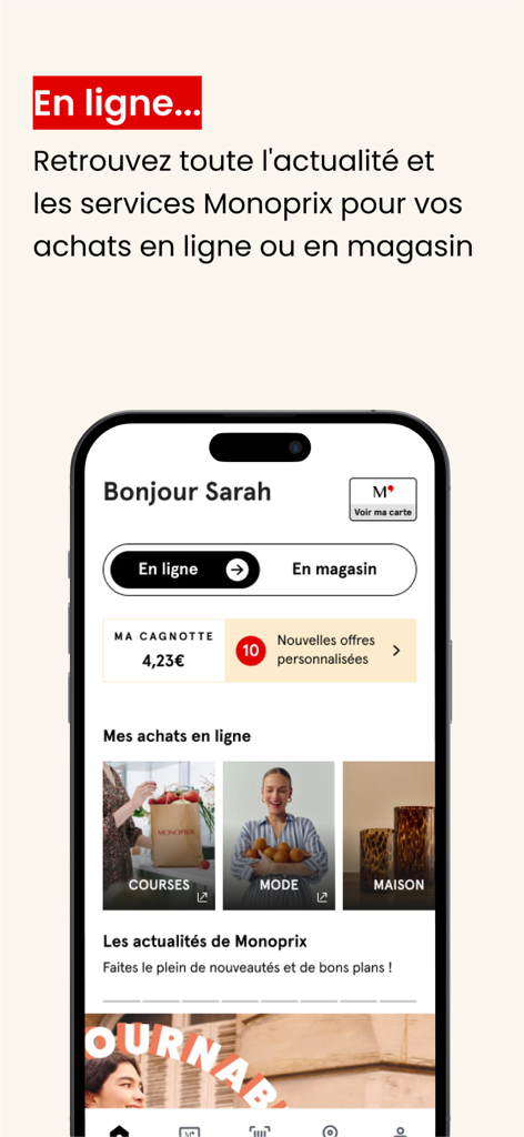 M' Monoprix - Schermata principale dell'app M' Monoprix che mostra le opzioni di acquisto online e i premi fedeltà