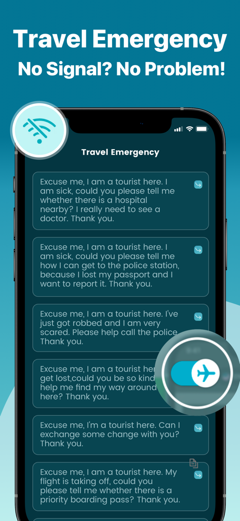 Interface do aplicativo Speak Translator mostrando frases de emergência e o recurso de modo offline para viagens.
