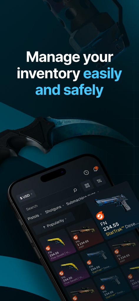 CS:GO Market - Schermata iPhone che mostra l'app CS2 Market con varie skin di armi e prezzi per la gestione dell'inventario