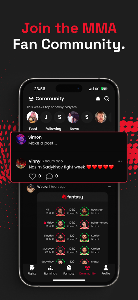 Fourounce: MMA Fantasy & Stats - A screenshot of the Fourounce MMA app showing the community feed with user posts and fantasy fight predictions