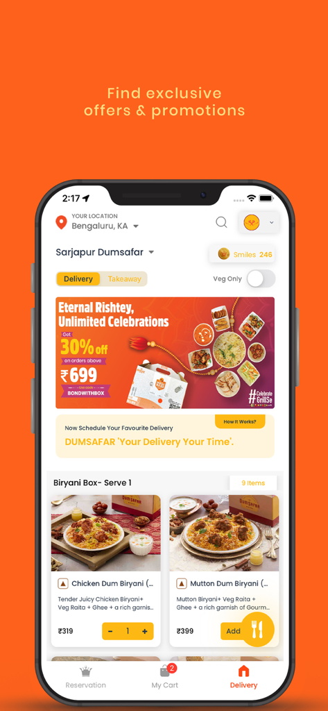Barbeque-Nation - Barbeque Nation app delivery interface showing biryani menu items and promotional offers