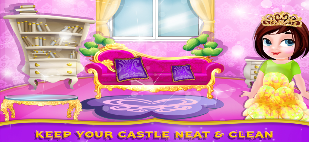 Little Princess House Cleaning - A little princess character in a pink royal living room with a fancy sofa and the text Keep Your Castle Neat and Clean.
