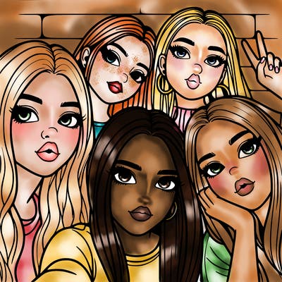 group of teen girls friends y2k up close in a selfie