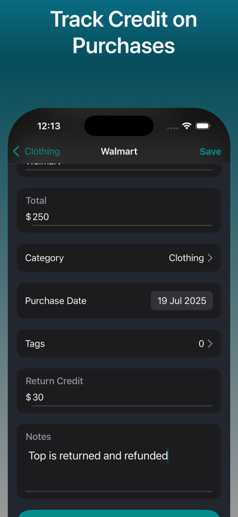 Smart Scan Receipts: Receiptly - Interfaz de aplicación móvil que muestra cómo rastrear créditos y reembolsos de compras para un recibo de compra.