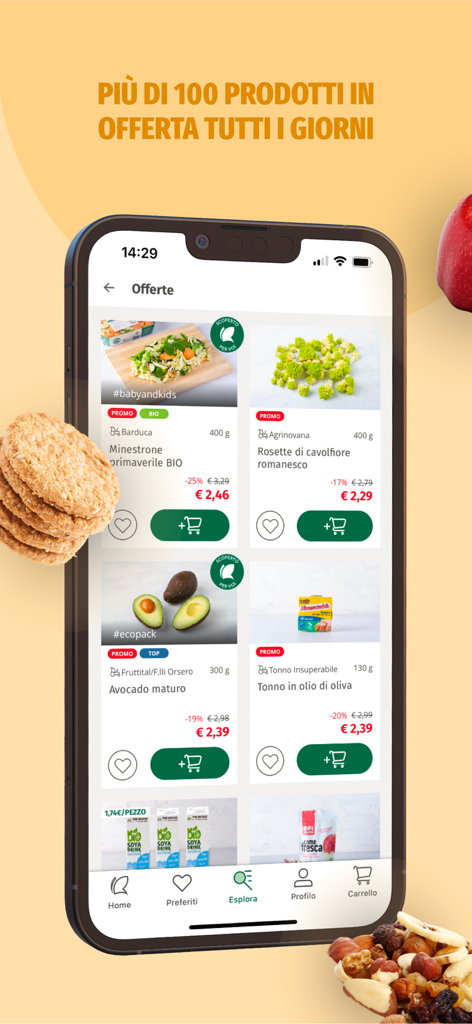 Cortilia - Spesa Online - A smartphone displaying the daily deals section of the Cortilia grocery shopping app with various fresh food items.