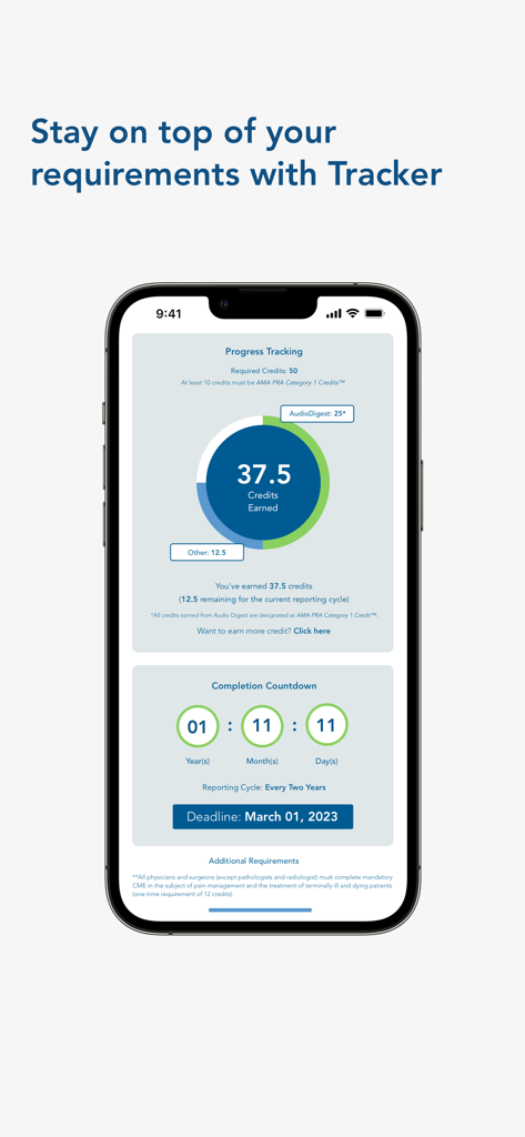 AudioDigest - AudioDigest mobile app dashboard showing CME credit progress tracking and completion deadline