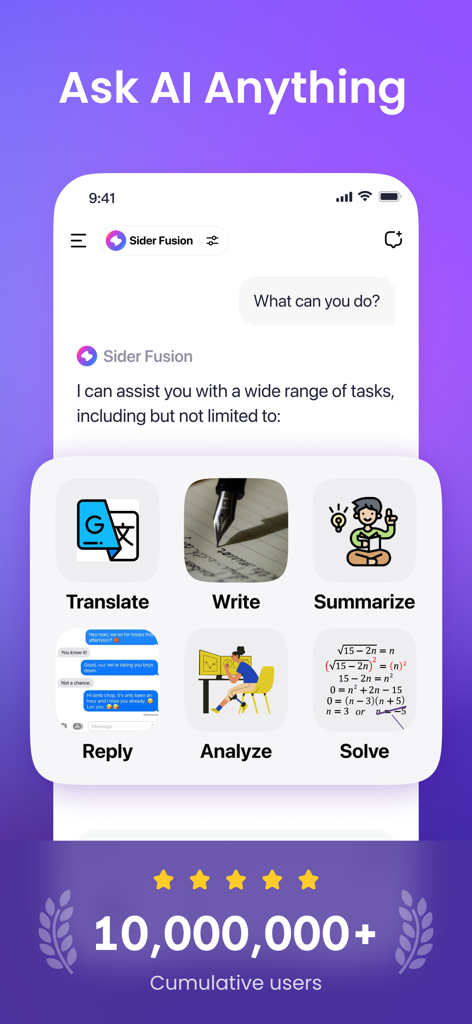 Sider: AI GPT Deep Chat - Sider AI app interface showing Ask AI Anything with features for translation writing summarization and analysis