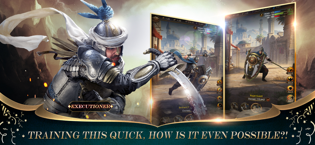 Personaggio boia e schermata di addestramento delle truppe nel gioco mobile Revenge of Sultans