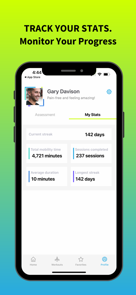 Stretch Mode: Stretching - Stretch Mode app profile screen displaying user mobility statistics and daily stretching streak