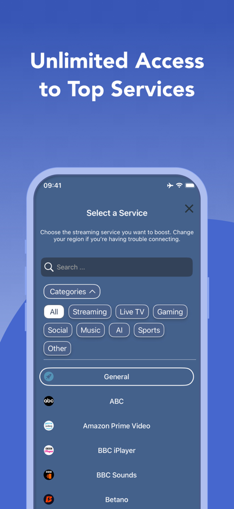 Onion Browser - Unlimited VPN - Uma interface móvel para o aplicativo Navegador Onion mostrando um menu para selecionar serviços de streaming e jogos para acesso VPN