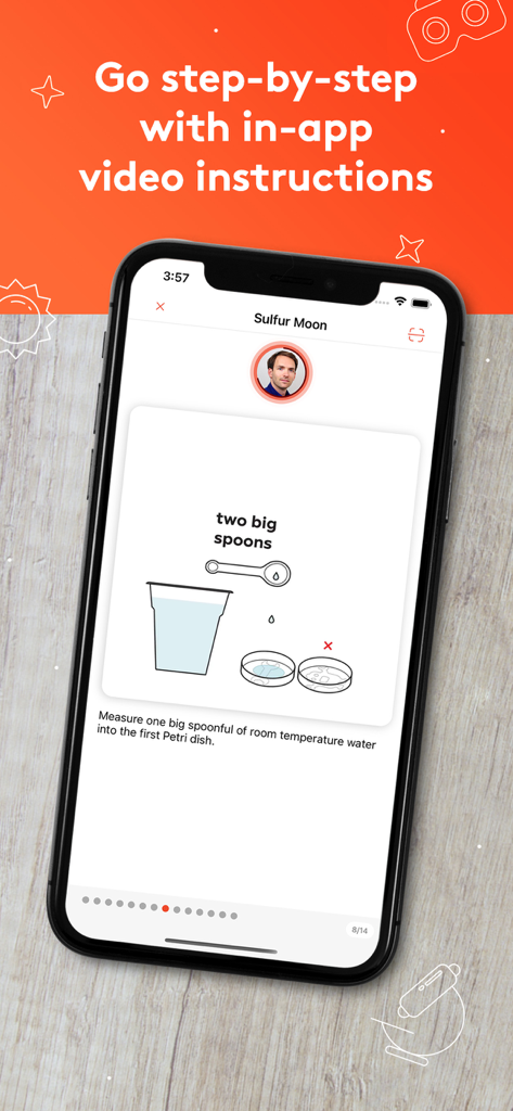 Aplicación MEL Science que muestra instrucciones de video paso a paso para un experimento de química