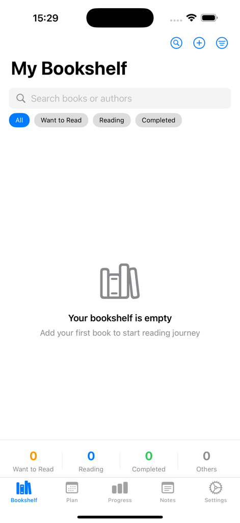 Libriasio - Empty bookshelf view in the Libriasio book management app showing reading categories and navigation icons.