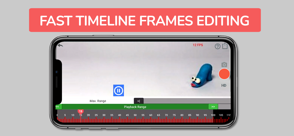 Stopmotion Animation Pro - Smartphone interface showing the fast timeline frames editing feature in the Stopmotion Animation Pro app with a clay character.