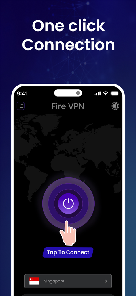 Fire VPN: Fast, Safe, Private - Fire VPN mobile app interface showing a one tap connection button on a world map background