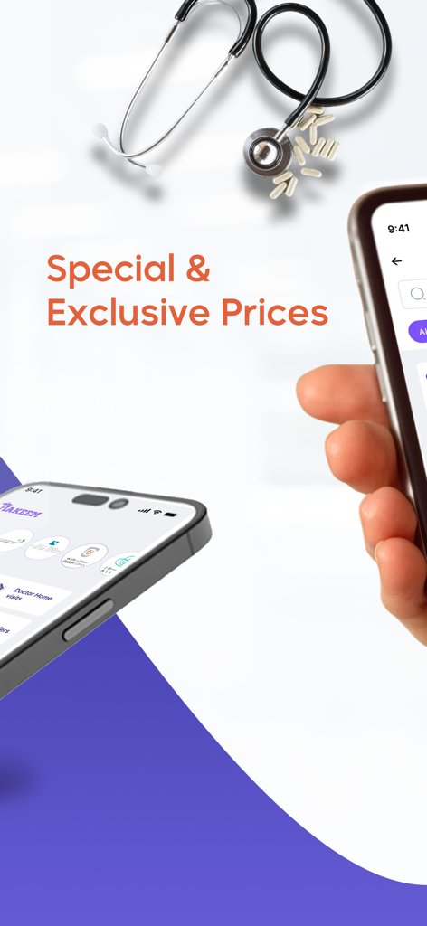 Hakeem - حكيم - Hakeem healthcare app interface showing special and exclusive prices alongside a stethoscope and pills.