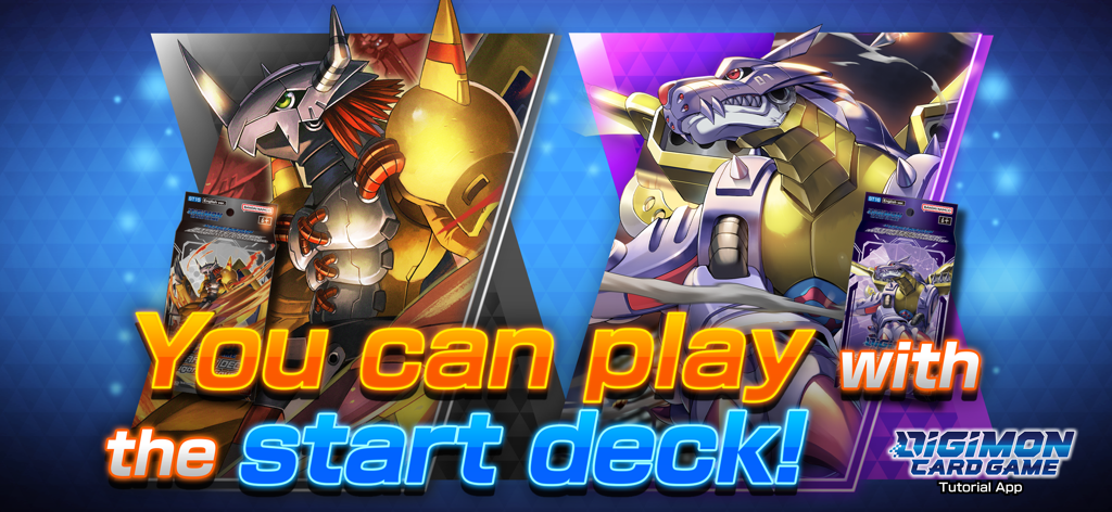 Digimon Card Game Tutorial App screen showcasing playable start decks featuring WarGreymon and MetalGarurumon artwork