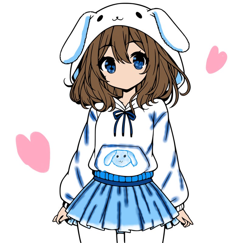 pretty anime girl wearing a fluffy hoodie with bunny ears on the hood and a skirt