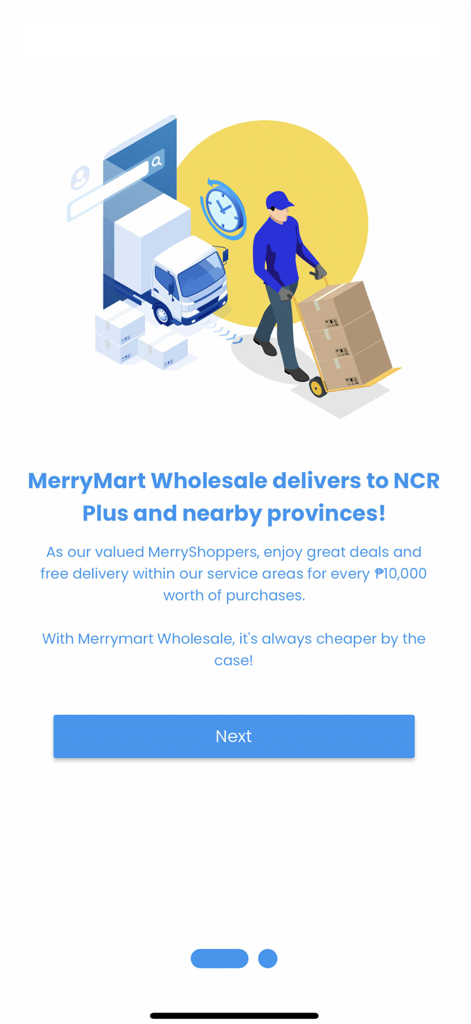 MM Wholesale - MM Wholesale app onboarding screen showing delivery service info and bulk purchase discounts