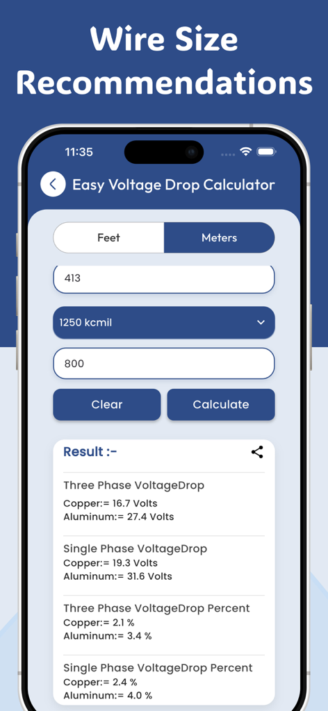 Voltage Drop Calculators - Mobile app interface displaying voltage drop calculation results for single and three phase circuits using copper and aluminum materials