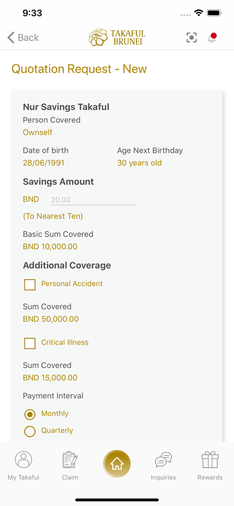 Takaful Brunei - Quotation request form for Nur Savings Takaful in the Takaful Brunei mobile app
