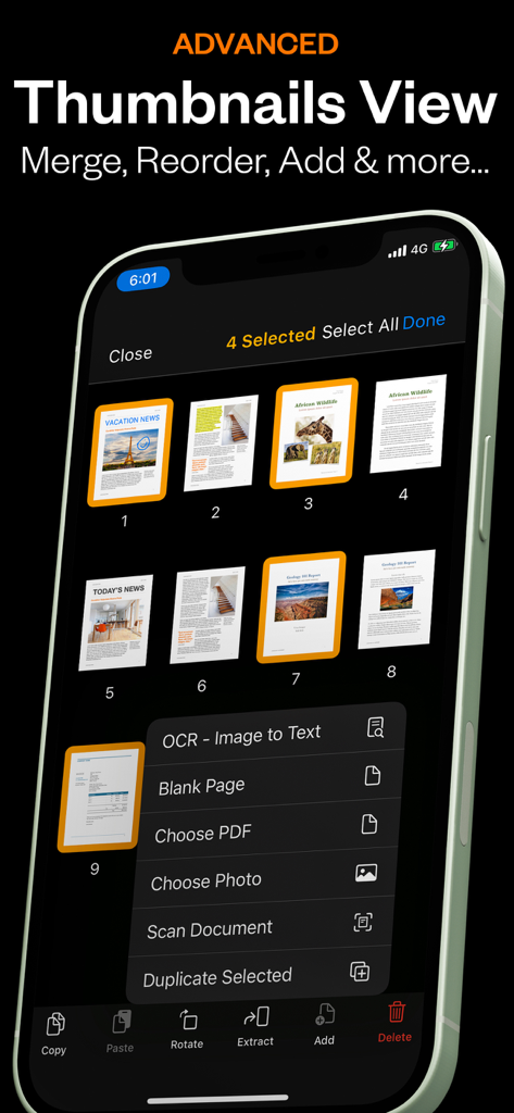 PDF Office Pro, Acrobat Expert - Erweiterte Miniaturansicht in der PDF Office Pro App mit Seitenverwaltung und OCR-Optionen.