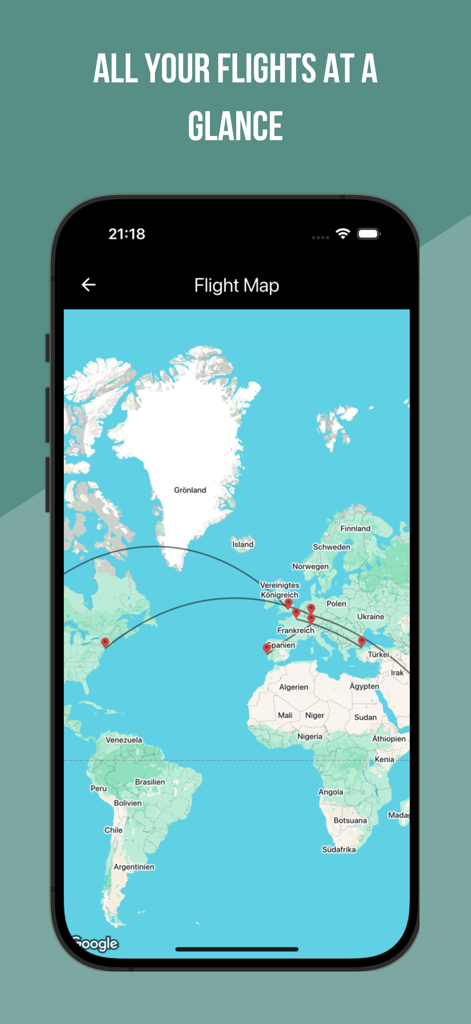 Interfaz de la aplicación myFlights que muestra un mapa mundial con rutas de vuelo globales y estadísticas del historial de viajes