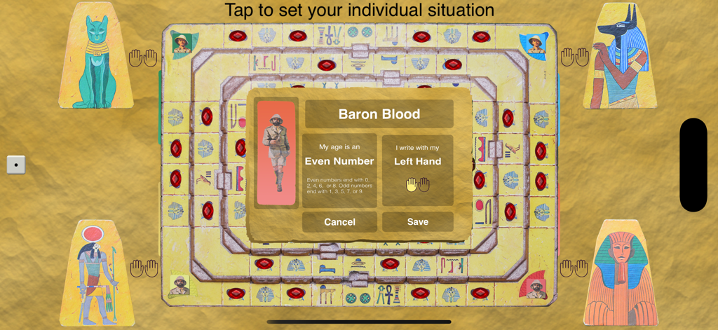 Voice of the Mummy - Character setup screen for Baron Blood in the Voice of the Mummy app