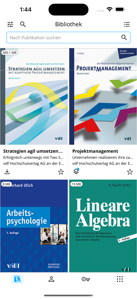 vdf Hochschulverlag - Eine mobile App-Oberfläche, die eine digitale Bibliothek von akademischen Publikationen und Lehrbüchern von vdf Hochschulverlag anzeigt.