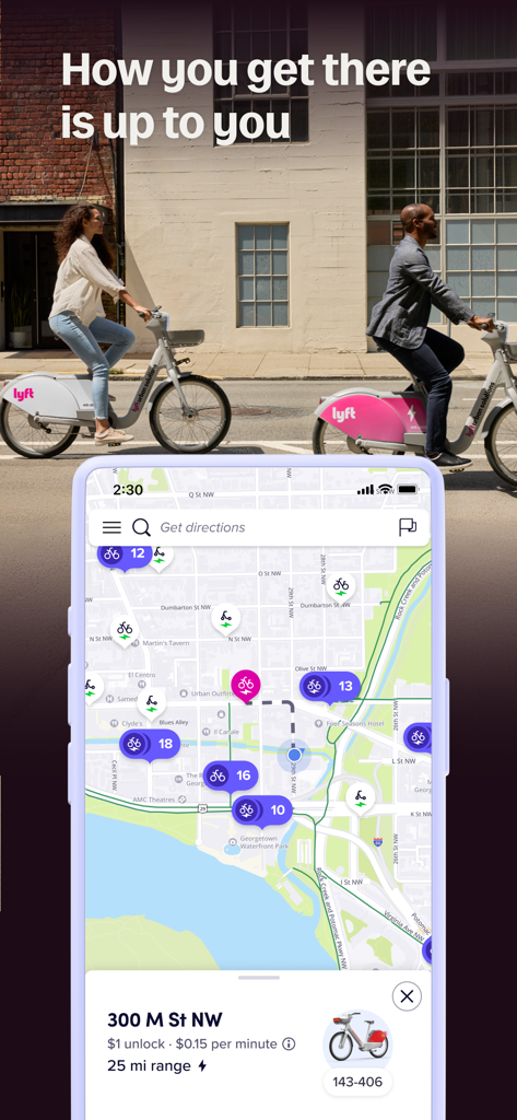 Lyft app showing a map of bike sharing locations and rental details.