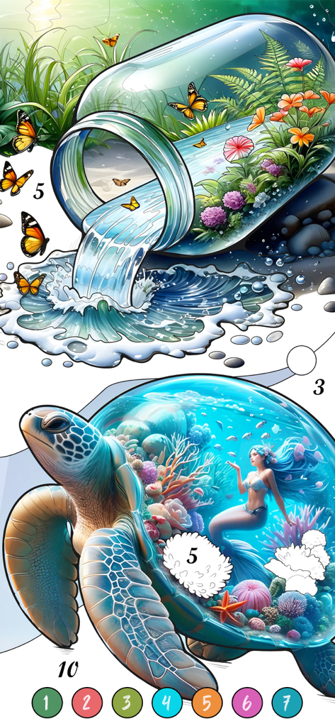 Scènes miniatures complexes présentant une sirène dans une coquille de tortue de mer et des papillons dans un bocal à colorier.