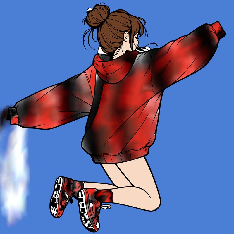 realistic girl jumping with a bun and oversized sweatshirt