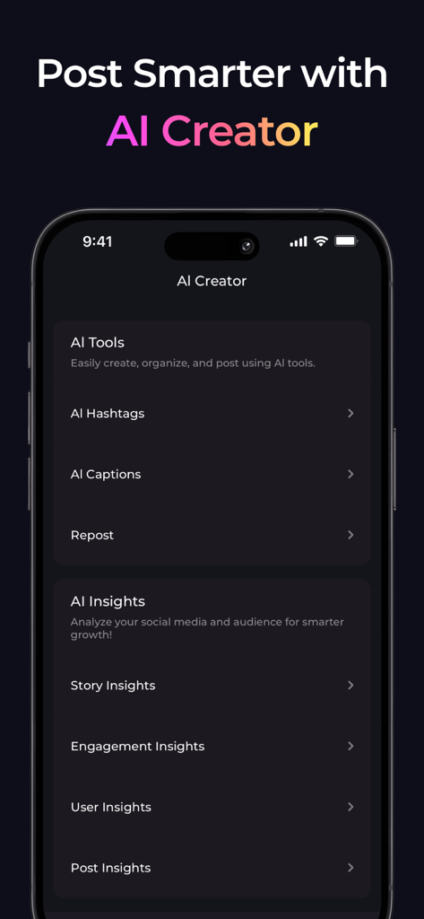 Smartphone-Bildschirm, der die KI-Creator-Funktion in der Reports plus App mit Tools für Hashtags, Bildunterschriften und Zielgruppen-Einblicke zeigt
