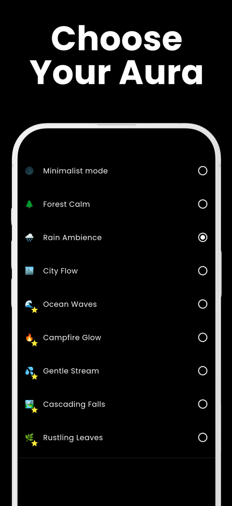 Pomo: Pomodoro Timer - The Choose Your Aura screen in the Pomo app displaying various ambient sound options like Forest Calm and Rain Ambience