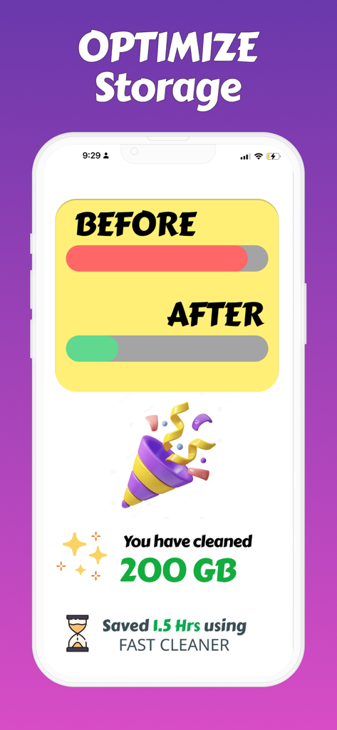 Fast Cleaner: AI Photo Clean - Fast Cleaner app screen showing storage optimization results with 200 GB cleaned and time saved