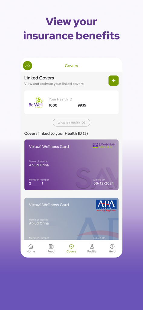Be.Well by Slade360° - Interfaz de la aplicación móvil Be.Well mostrando coberturas de seguro médico vinculadas y tarjetas de bienestar virtuales