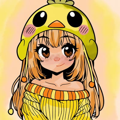 anime girl with chick shaped hat with sweater with bare shoulders with bangs covering them one eye with low tail