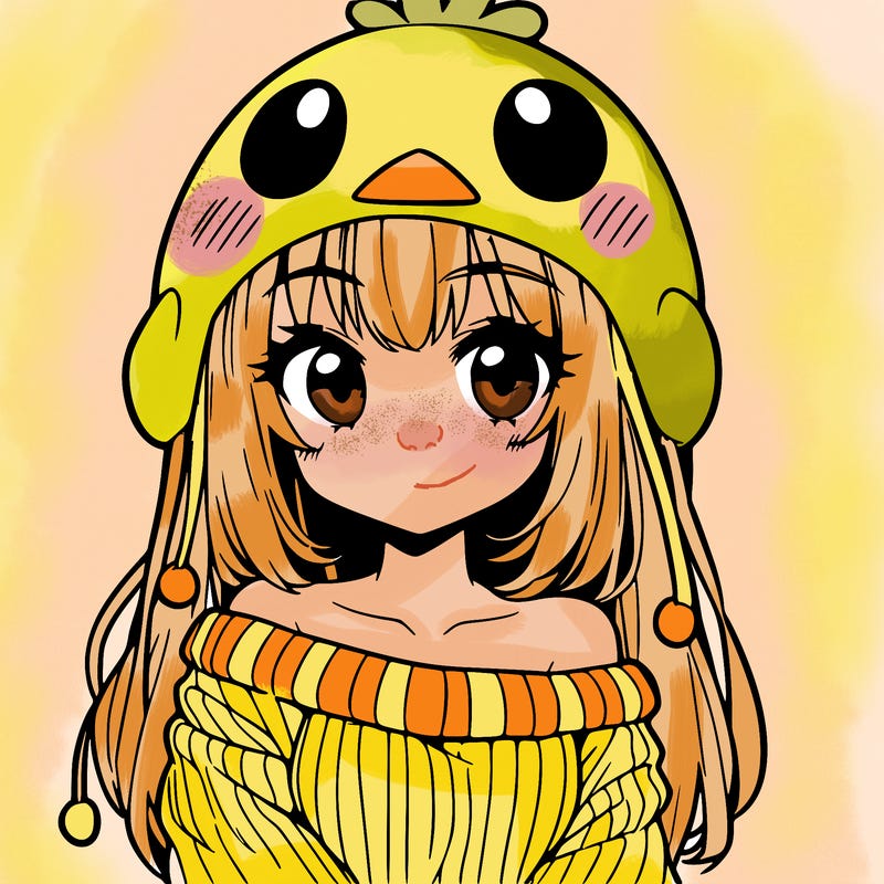 anime girl with chick shaped hat with sweater with bare shoulders with bangs covering them one eye with low tail