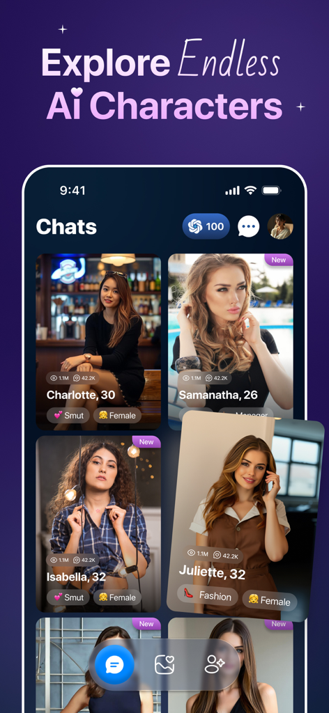 AI Girlfriend Fantasy - Rosify - Uma tela de celular mostrando a interface do aplicativo Rosify com vários personagens virtuais de namorada de IA disponíveis para conversar.