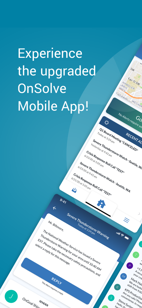 Interface of the OnSolve mobile app showing critical safety alerts and professional notifications on a smartphone