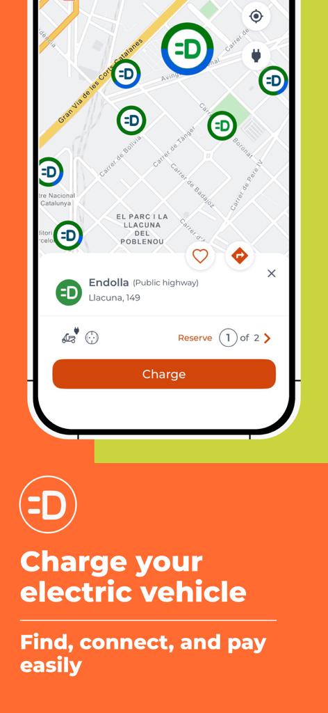Interfaccia dell'app SMOU che mostra le posizioni delle colonnine di ricarica per veicoli elettrici su una mappa.