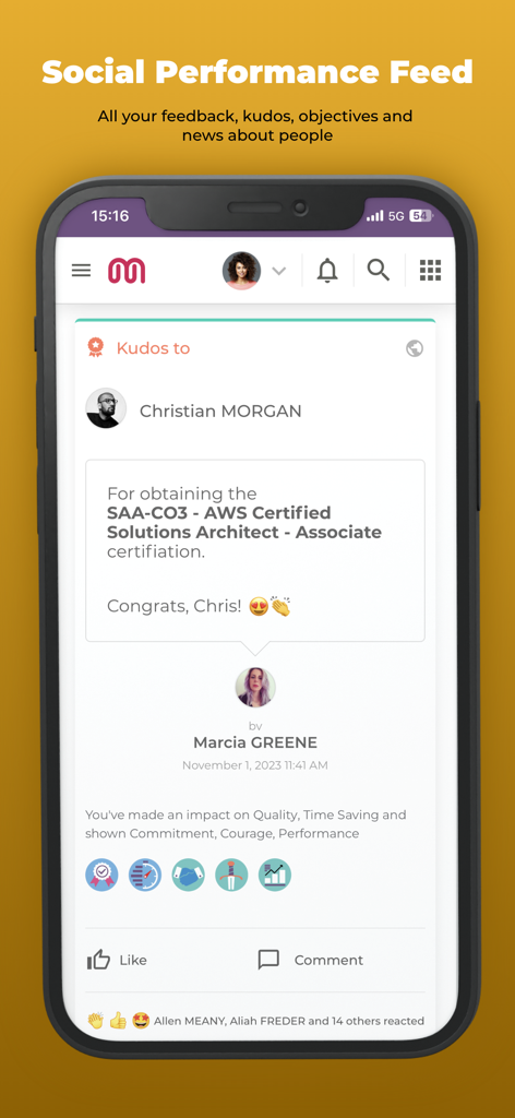 Mirro app social performance feed showing a kudos post for professional achievement
